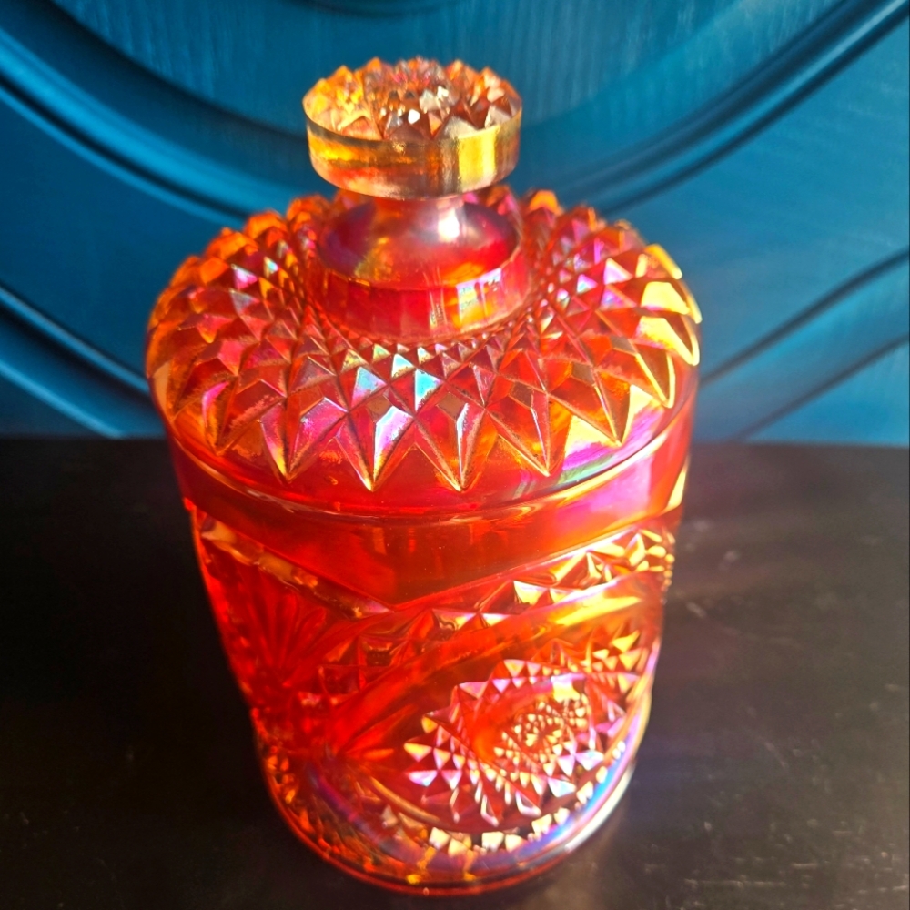 Large 3+ LBS Vintage Imperial Marigold Carnival Glass Biscuit Jar w Lid